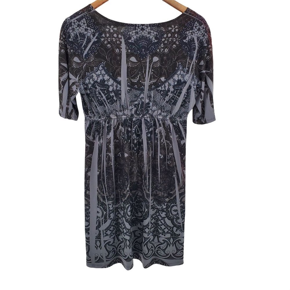 Vintage Womens Multi-Print Boho Dress Size L Gray Short Sleeve V-Neck Agenda - Picture 2 of 8
